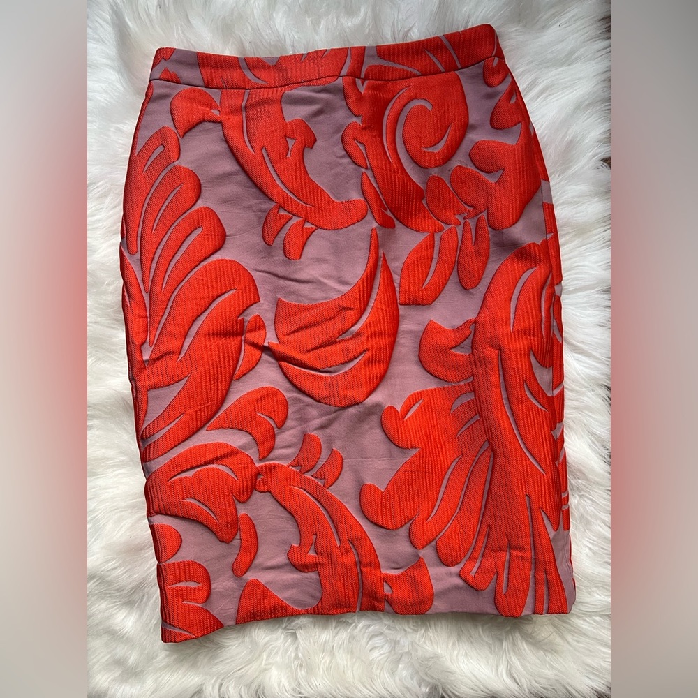 Two-toned orange and mauve knee length pencil skirt with pop out texture details